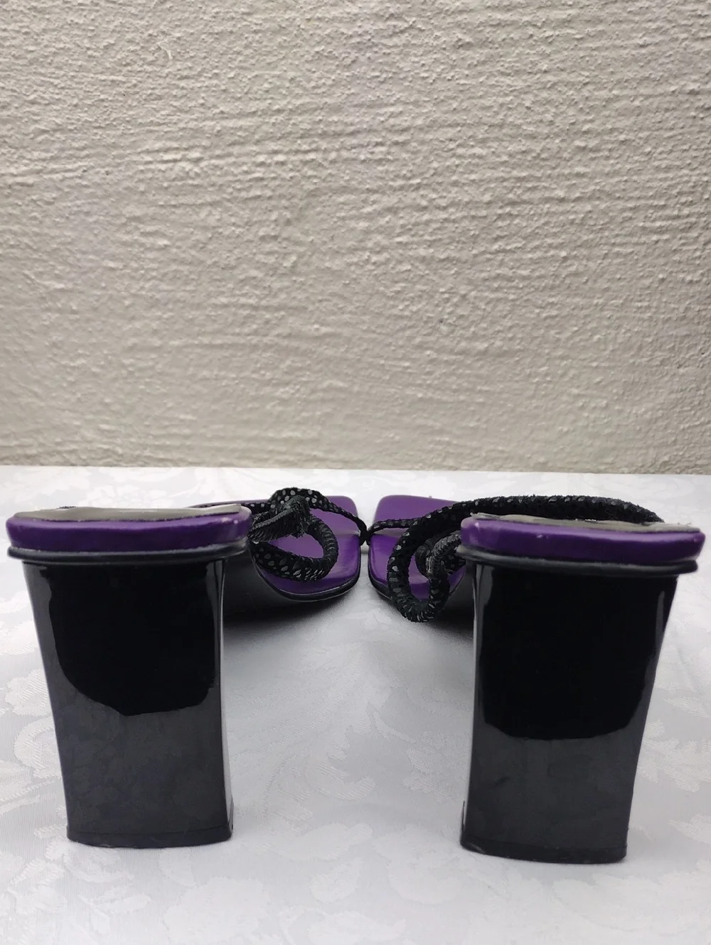 Emilio Bertolini Purple Leather Texture Strappy Square Toe Sculpt Heel Sandal